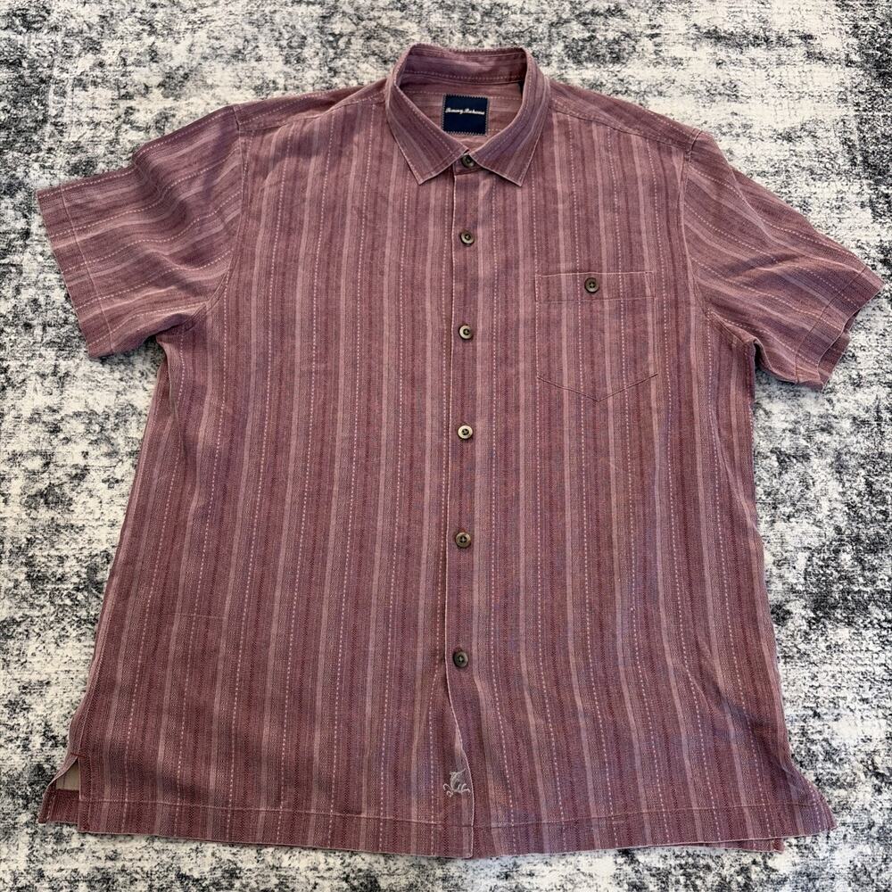 Tommy Bahama Button‎ Shirt pink/purple Silk Size XL Short Sleeve Top Collar